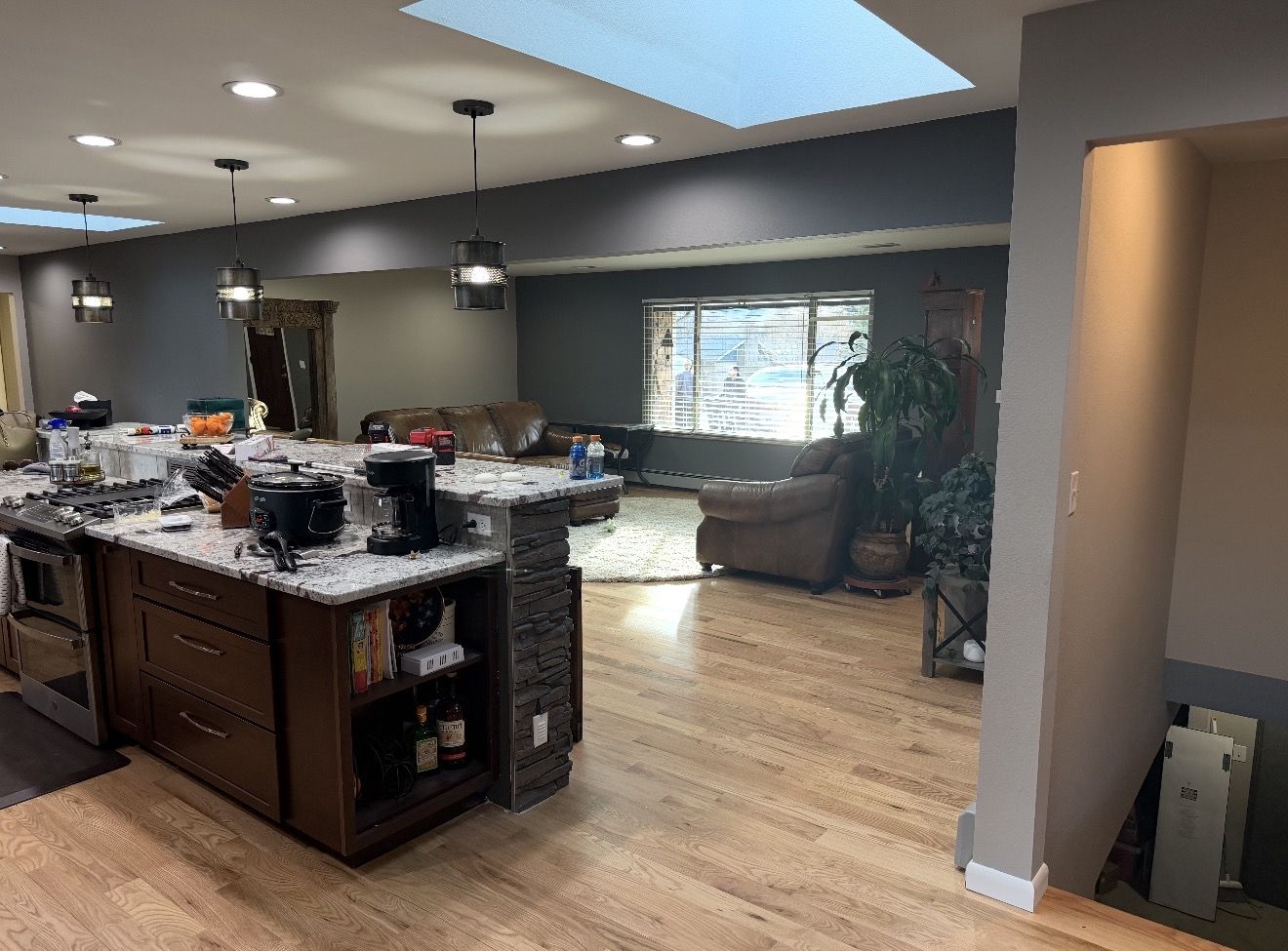Open kitchen and living room painted charcoal gray